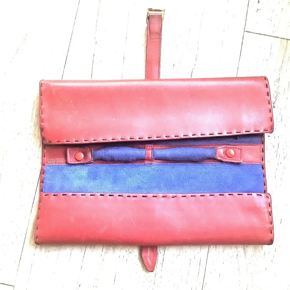 Vintage Jewelry Organizer Red Italian Leather Travel Pouch Blue Suede Lined